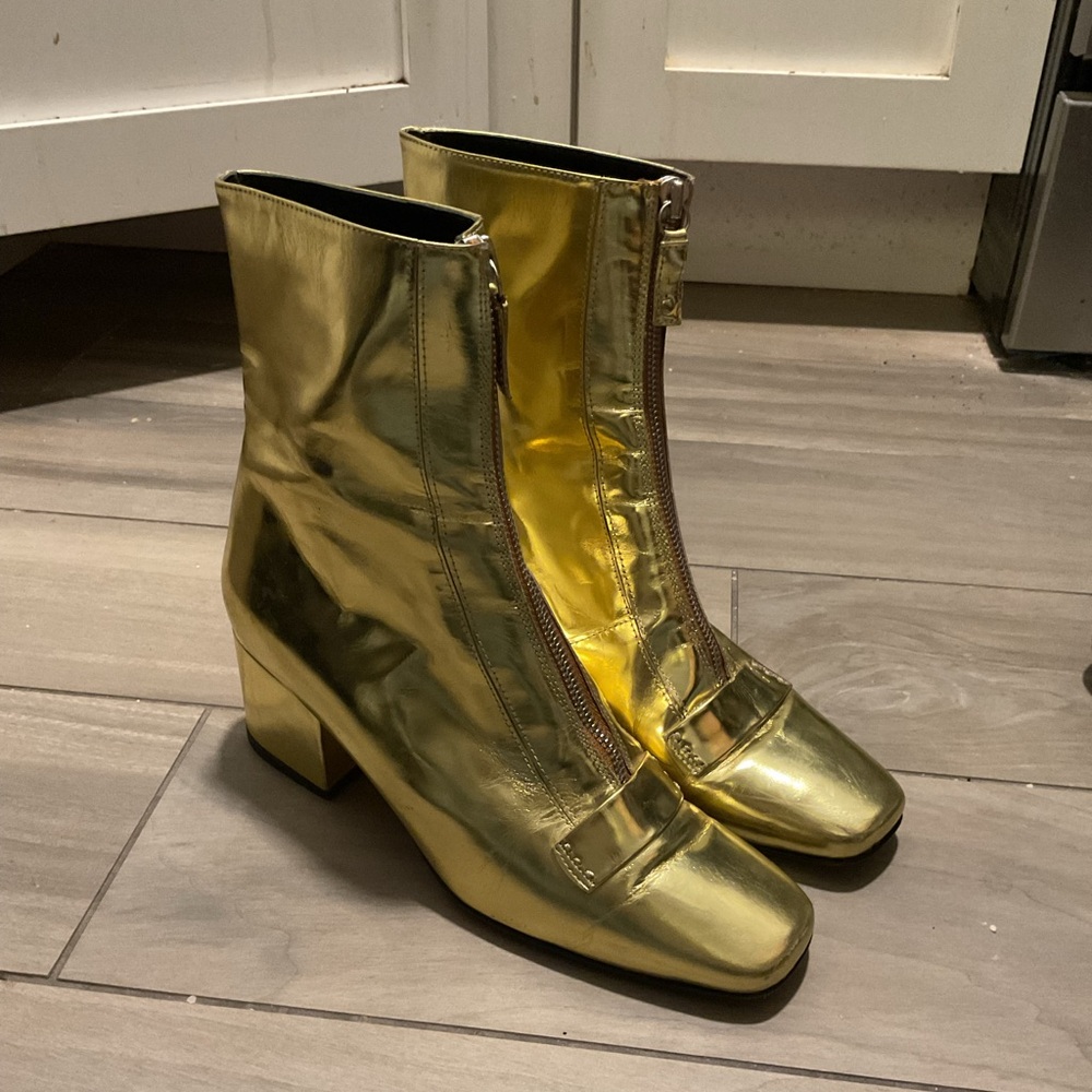 Dorateymur Gold Metallic Leather Front Zip Square Toe Ankle Boots Dress Booties